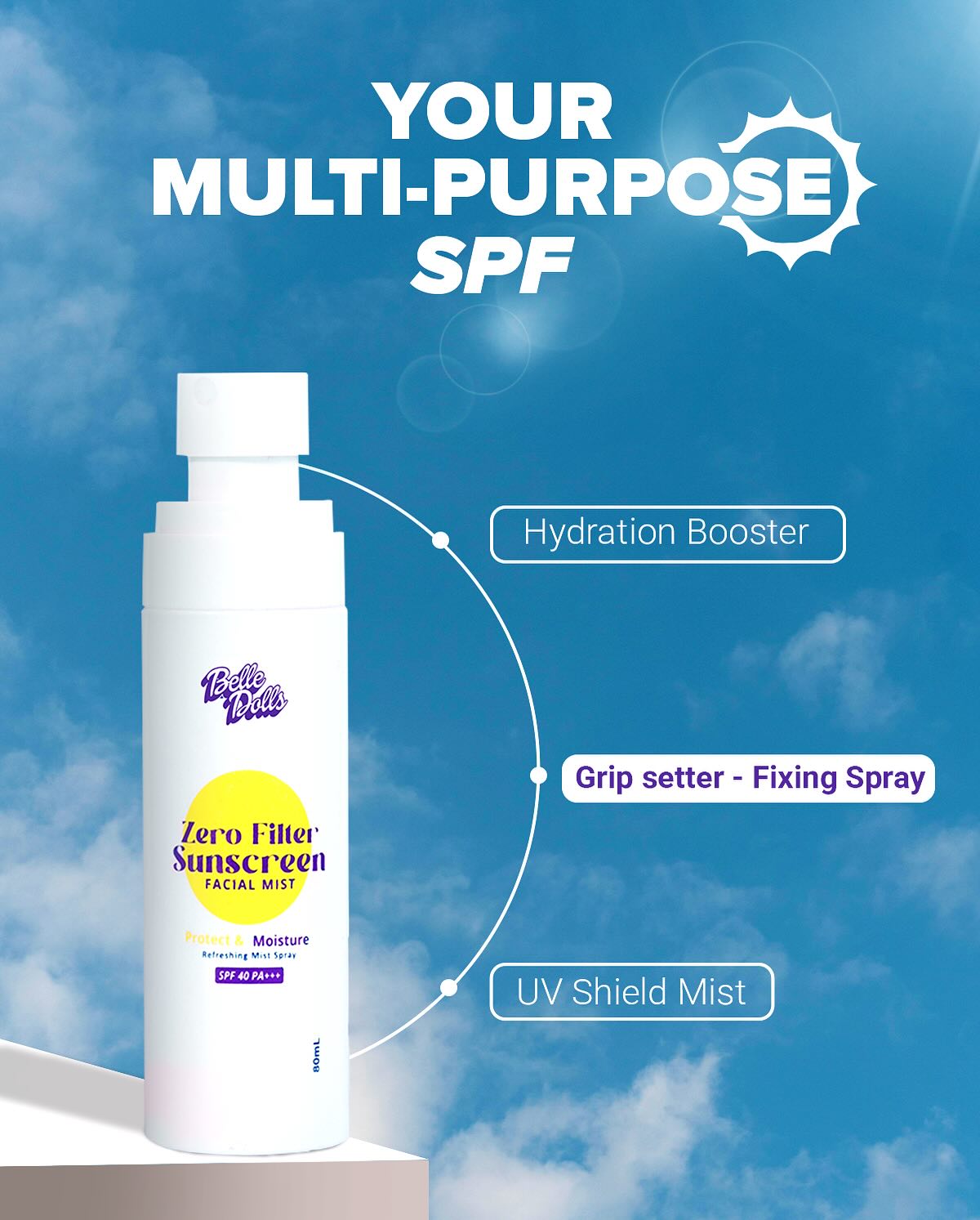 Belle Dolls Zero Filter Lightweight Sunscreen Facial Mist 80ml SPF40