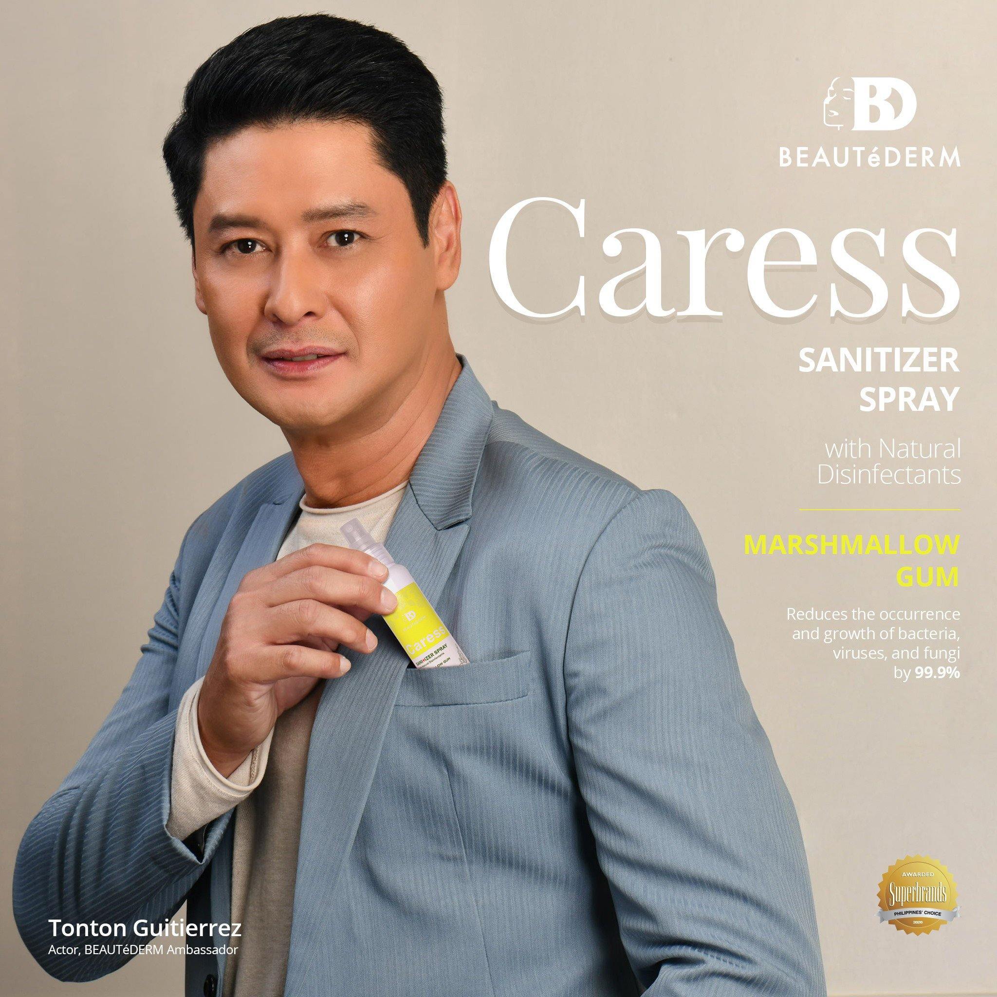 Caress Sanitizer Spray with Natural Disinfectants, Marshmallow Gum, 50ml, by Beautederm, with Tonton Guitierrez (Beautederm Ambassador)